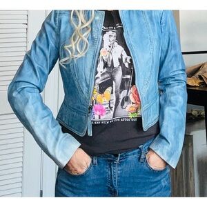Cropped Baby Blue Leather Jacket